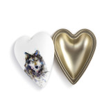 Heart shaped keeper box with a watercolor image of a wolf face on the lid, which is offset to the base.