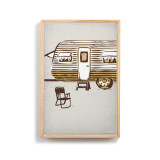 A graphic art image of a brown and white camper on a gray background in a light wood frame.