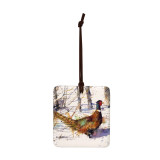 A square hanging ornament with a watercolor image of a ringneck.