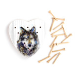 A heart shaped wood peg game with a watercolor painting of a wolf face, next to a set of wood pegs.