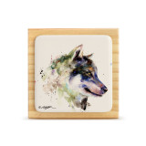 A square wood plaque with a tile attached that has a watercolor image of a wolf in profile.