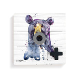 A square wood tic tac toe board with a watercolor image of a bear face, with a gray O and black X on top.