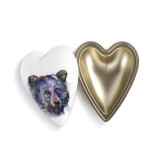 Heart shaped keeper box with a watercolor image of a bear face on the lid, which is offset to the base.
