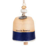 A mini tan and dark blue bell that says "friends forever". There are beads and a metal token at the top of the bell.