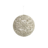 A large round silver hanging ornament with an open work pattern resembling snowflakes.