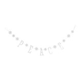 A silver hanging garland that says "Peace" with the letters divided by snowflakes.