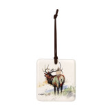 A square hanging ornament with a watercolor image of an elk.
