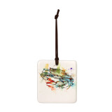 A square hanging tile ornament with a watercolor image of a blue crab.
