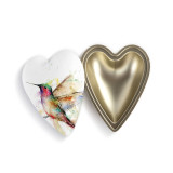 Heart shaped keeper box with a watercolor image of a hummingbird on the lid, which is offset to the base.