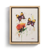 A watercolor wall art of yellow and purple butterflies and an orange flower in a light wood frame.