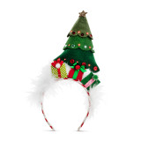 A fun holiday headband with a felt green Christmas tree and gifts on top.
