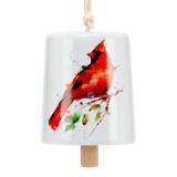A white mini ceramic bell with a wood clapper. The bell has a watercolor image of a red cardinal on it.