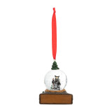 An ornament of a black bear inside a small snow globe with a little evergreen tree at the top, hanging from a red ribbon. There is a spot in front for customization.