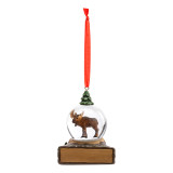 A hanging snow globe ornament with a moose inside on a rectangular base that can be personalized.
