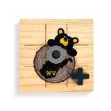 A square wood board with a black bear peeking over a wood stump with the image of West Virginia for tic tac toe with a gray O and black X on top.