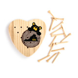 A wood heart shaped peg game with a black bear peeking over a wood stump with Virginia on it, displayed with the wood pegs out and to the side.