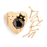 A wood heart shaped peg game with a black bear peeking over a wood stump with Georgia on it, displayed with the wood pegs out and to the side.