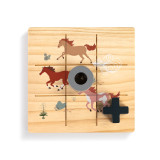 A square wood board for tic tac toe with an illustration of running horses, displayed with a gray O and black X on top.
