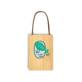 A wood hanging gift card ornament with an illustration of a green fish and lure on a light green background on the front. The back has a holder for a gift card.