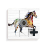 A square white wood board for tic tac toe with a watercolor image of a running horse, displayed with a gray O and black X on top.