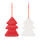 A set of two tree shaped ceramic ornaments, one red and one white. The ornaments have decorative markings and holes.