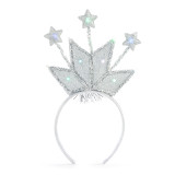 A silver sparkly headband shaped like a star with small stars at the top that have colored lights.