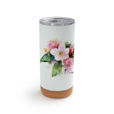 A white cork bottom tumbler with a watercolor image of an apple blossom.