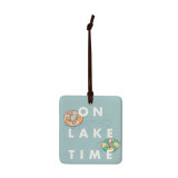 A square light blue hanging tile magnet ornament that says "On Lake Time" with an image of Pooh and Piglet on floats in the water.