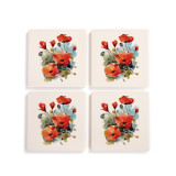 A set of four cream square ceramic coasters with a watercolor image of red poppy flowers.