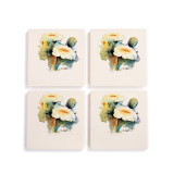 A set of four ceramic square coasters with a watercolor image of a flowering saguaro cactus.