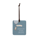 A square blue hanging tile magnet ornament that says "Enjoy The Ride" with an image of Pooh hanging on a balloon that says "mountains or bust".