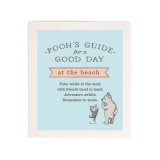 A light blue biodegradable dish cloth that says "Pooh's Guide for a Good Day at the beach" with an image of Pooh and Piglet at the bottom.