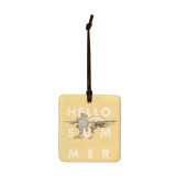 A square yellow hanging tile magnet ornament that says "Hello Summer", with an image of Pooh and Piglet walking.