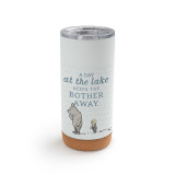A white cork bottom tumbler with a clear plastic lid. The tumbler has an image of Pooh and Piglet and says "A Day at the lake Keeps The Bother Away".