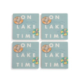 A set of four blue square ceramic coasters that say "On Lake Time" with Pooh and Piglet floating down a river.