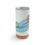 A white cork bottom tumbler with a clear plastic lid. The tumbler has an image of several Pooh characters floating on inflatables down a blue river.