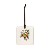 A square cream hanging tile magnet ornament with a watercolor image of an orange blossom.