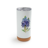A white cork bottom tumbler with a watercolor image of a bluebonnet.