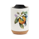 A white travel mug with a cork base, a black lid, and a watercolor image of an orange blossom.
