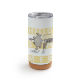 A white and yellow striped cork bottom tumbler with a clear plastic lid. There is an image of Pooh and Piglet walking and it says "Hello Summer".