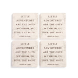 A set of four square ceramic coasters that say "Little Adventures Are The Ones We Grow To Love The Most" with the hundred acre wood in the background.
