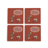 A set of four red square ceramic coasters that say "New adventures happen every day at the cabin" with an image of Christopher Robin and Pooh fishing in a tub.