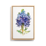 A light wood framed wall art of a watercolor bluebonnet.