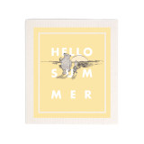 A yellow biodegradable dish cloth that says "Hello Summer" with Pooh and Piglet walking toward the sunset.