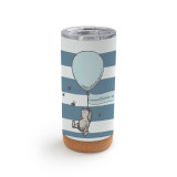 A white and blue striped cork bottom tumbler with a clear plastic lid. There is an image of Pooh floating with a balloon.