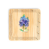 A light wood cribbage board game with the watercolor image of a bluebonnet in the middle.
