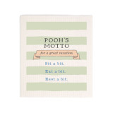 A light green and white striped biodegradable dish cloth that says "Pooh's Motto for a great vacation".