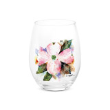 A clear stemless wine glass with a watercolor image of an American dogwood.