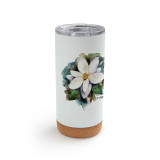 A white cork bottom tumbler with a watercolor image of a white magnolia.