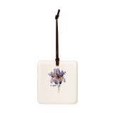 A square cream hanging tile magnet ornament with a watercolor image of a purple iris.